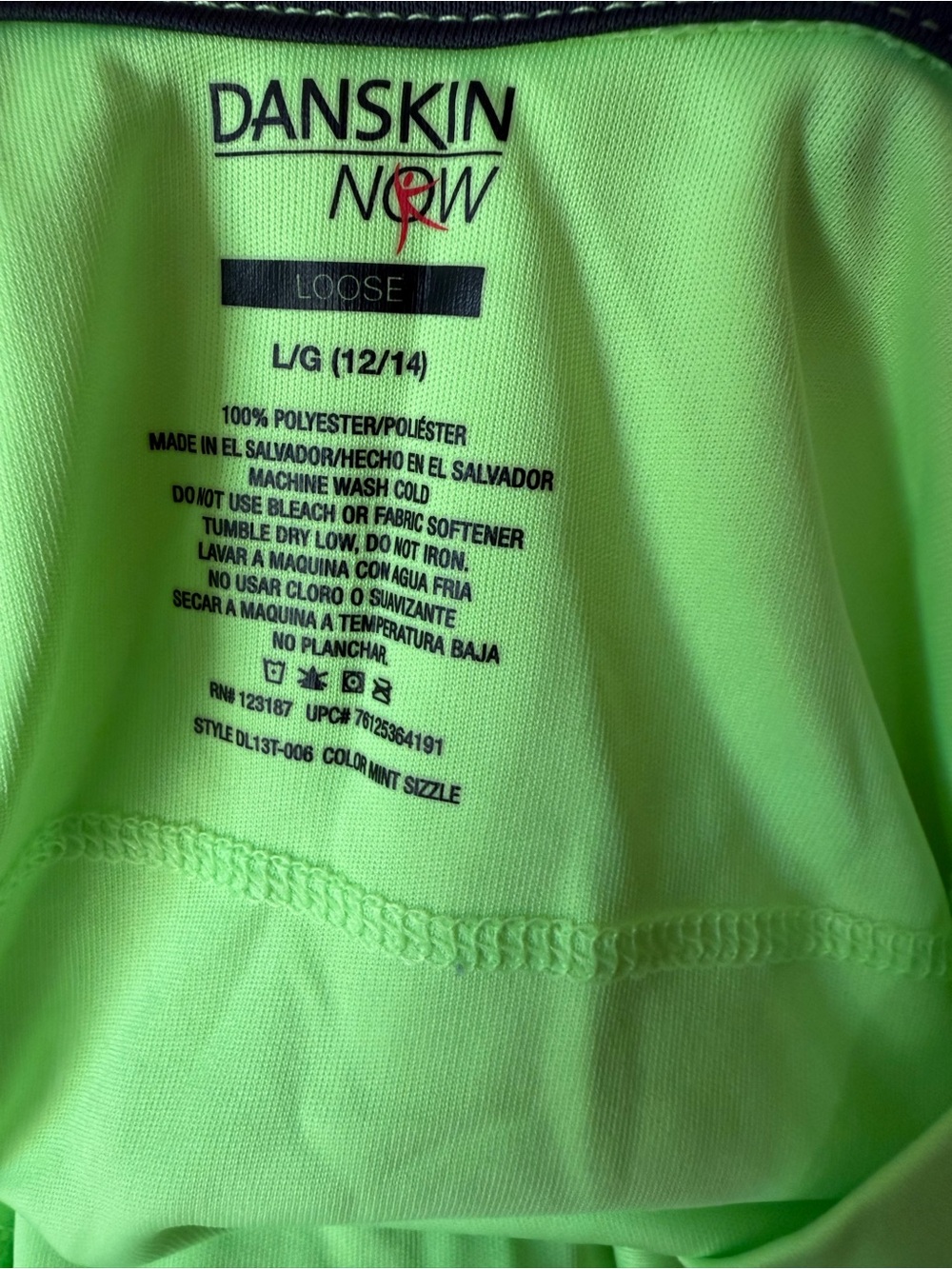 Danskin Now Mint Sizzle Neon Green V-Neck Activewear Tee Size Large (12/14) - Picture 4 of 4
